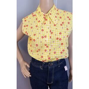 70s Vintage Yellow & White Checker with Cherries Sleeveless top - L 38